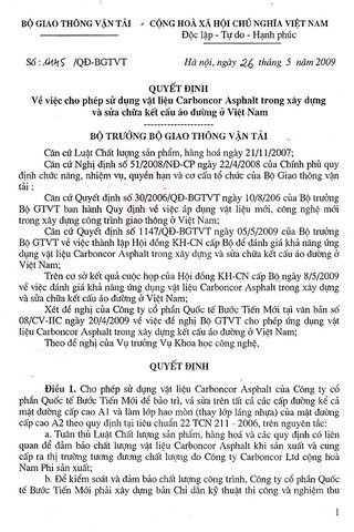 Quyết định về việc cho phép sử Cacbon Asphalt trong xây dựng và sửa chữa kết cấu áo đường ở Việt Nam